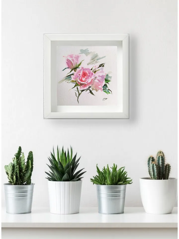 Rose Painting Floral original art 6 by 6 Pink Flower watercolor Pink rose wall art Rose aquarelle by Natalia Plotnikova