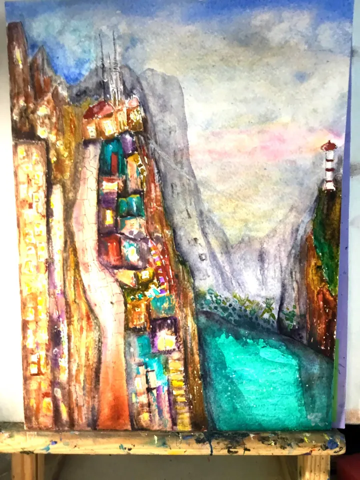 Abstract watercolour painting,original watercolour wall art,fantasy landscape,architecture and cityscape painting.