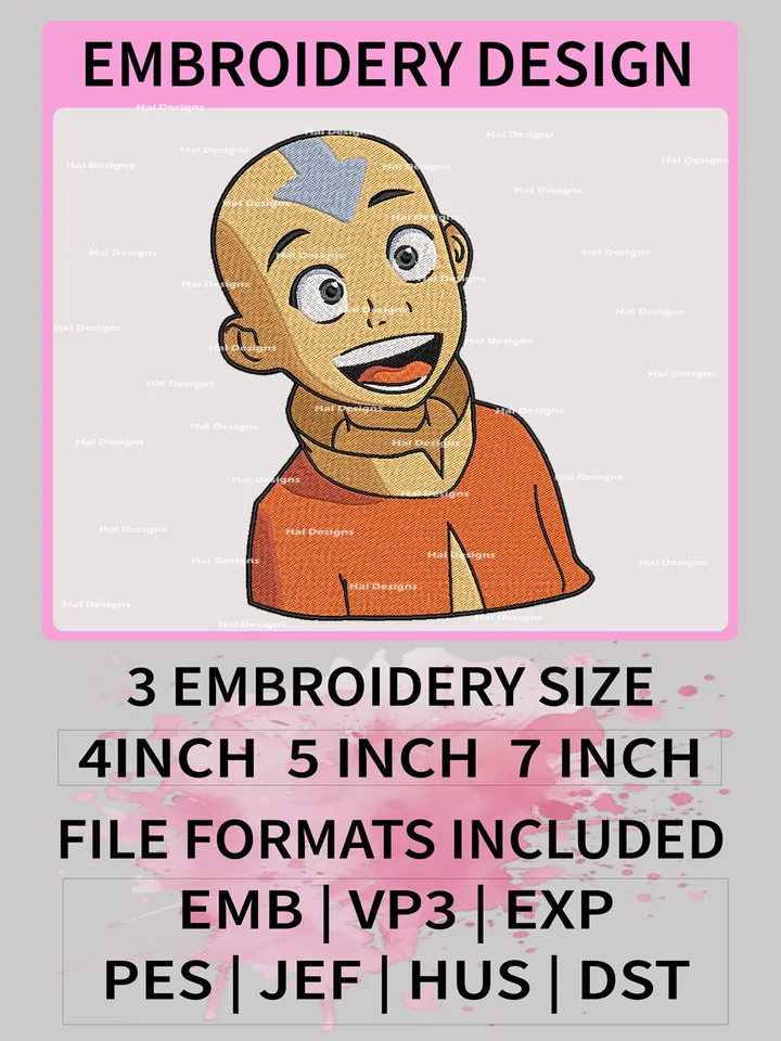 Aang Avatar Embroidery Machine Design, The Last Airbender Embroidery Design, Anime Design, Instant Download Design.