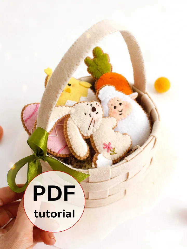 Felt basket with Easter cookies hand sewing PDF tutorial with patterns. DIY Easter ornament. Felt Easter table decoration