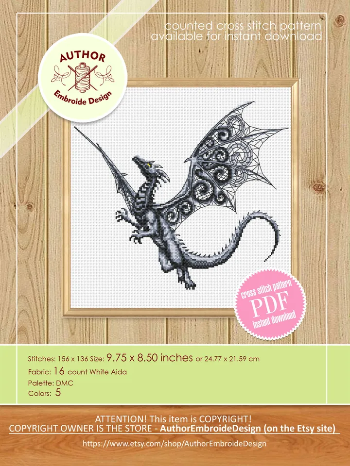 Dragon cross stitch pattern download PDF Fantasy animal cross stitch chart, Blackwork patterns Dragon embroidery PDF, Gothic home decor #K40