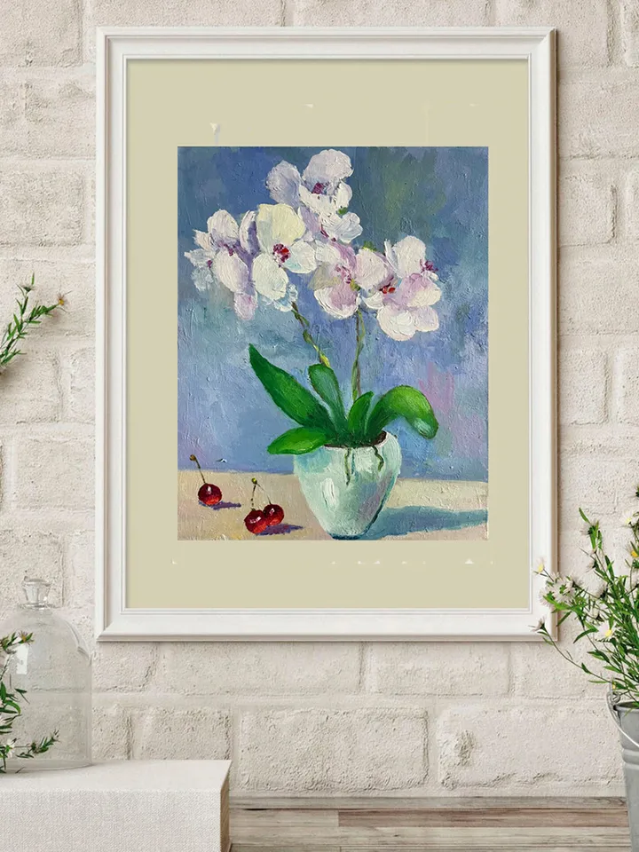 White Orchid Painting, Floral Wall Art, Original Flower Oil Painting