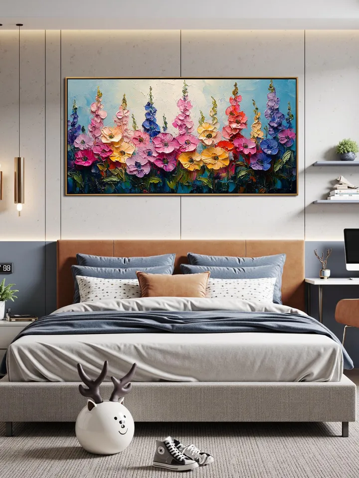 Large Impasto Floral Landscape Painting, Colorful Wildflower Field Artwork, Textured 3D Original Art, Vibrant Wall Art Decor, Garden Scene