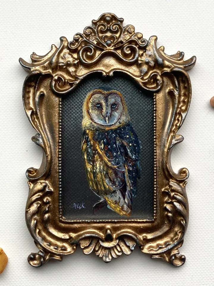 Owl Oil Painting Original In Vintage Style Frame Small Framed Bird Art Barn Owl