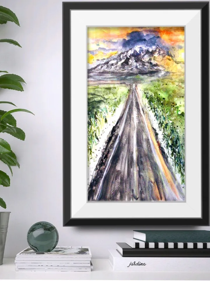 Alaska sunset,road,mountains.snow,original watercolour painting,wall art