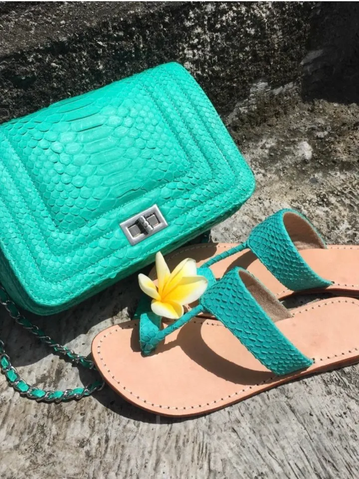 Python skin sandal turquoise Tiffany color | Women summer sandals | leather flops| summer shoes | flat woman shoes | designer sandal