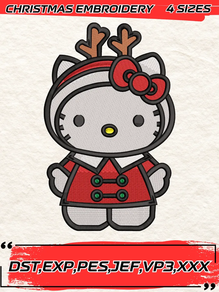 Hello Kitty Reindeer Christmas Embroidery Design, Kitty Christmas Embroidery Digitizing Pes File,4 Sizes, Digital Download