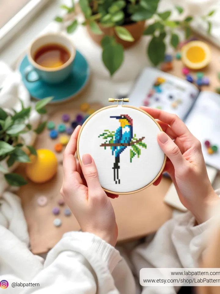 Small Bee-eater bird Cross stitch pattern PDF, Mini bird embroidery, beginner counted, Modern chart, DIY, embroidery, instant Download