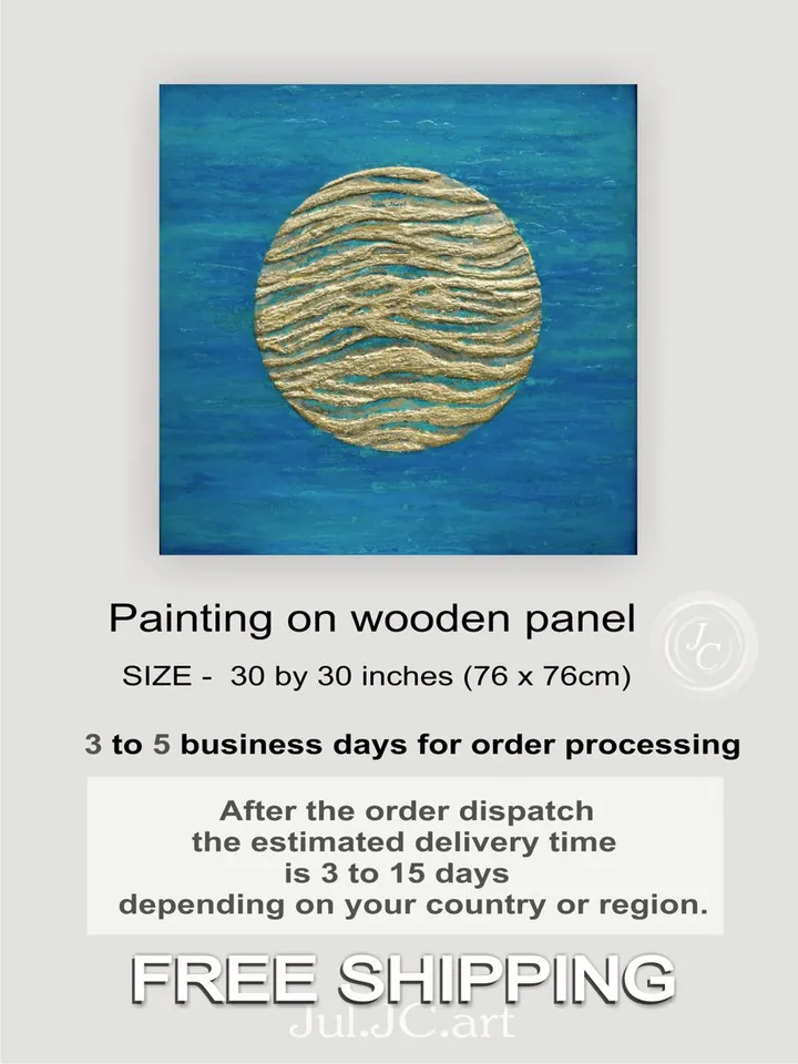 Gold Moon Painting Blue Turquoise Abstract Original Wall Art Modern artwork Glittery resin wall art