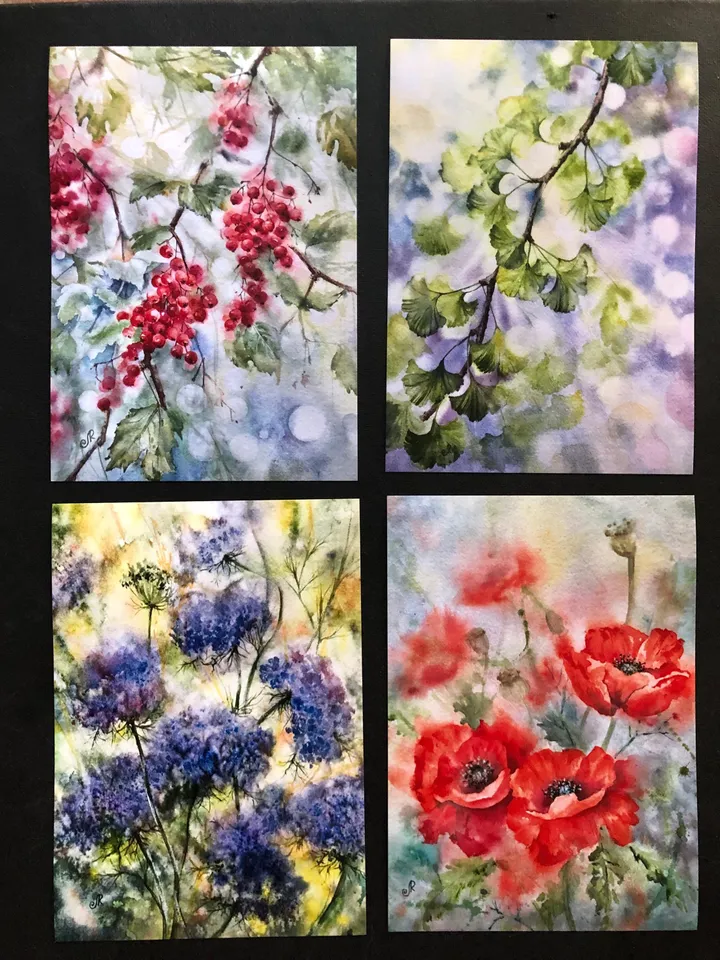 Flowers Watercolor Prints Set of 4 Floral Postcards