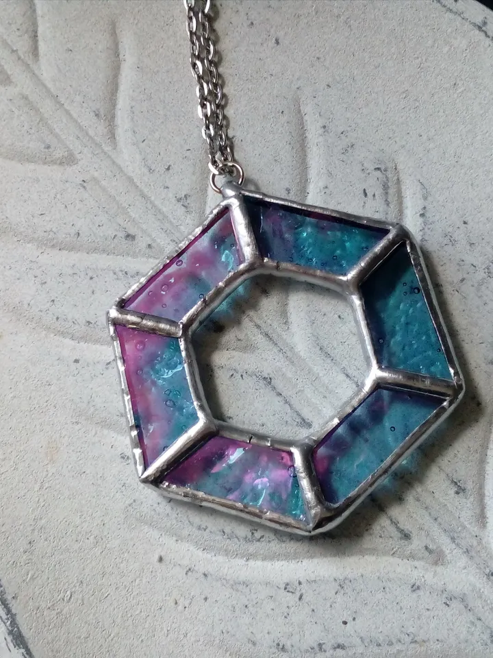 Iridescent stained glass, geometric pendant, Hexagon dichroic necklace, Stained glass cute necklace, Sacred geometry