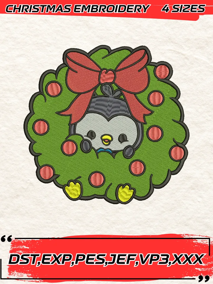 Cute Penguin In Christmas Garland Embroidery Design,Christmas Embroidery Design,4 Sizes, Digital Download