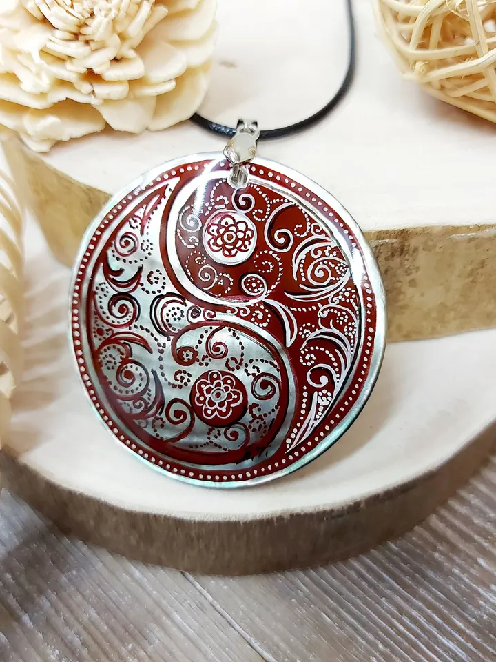 Pearl pendant necklace: Black paisley pattern in Yin Yang symbol hand painted on mother of pearl necklace • handmade boho jewelry pendant