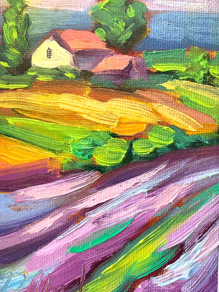 Lavender Fields Painting Tuscany Original Art Landscape Oil Painting Impasto Small Artwork 4x6 Tuscan Serenity Painting Wild Flowers