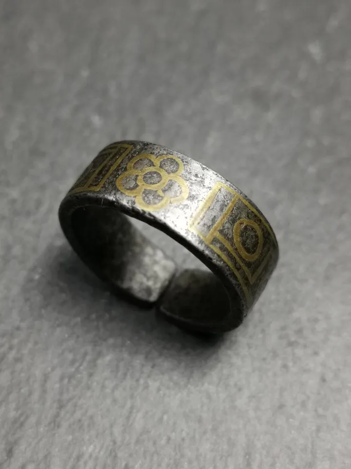 Gandhanra Unique Handcrafted Tibetan Dzi Ring | Protection Jewelry | Cold Iron & Copper Inlay | Adjustable Size | Tibetan Craftsmanship