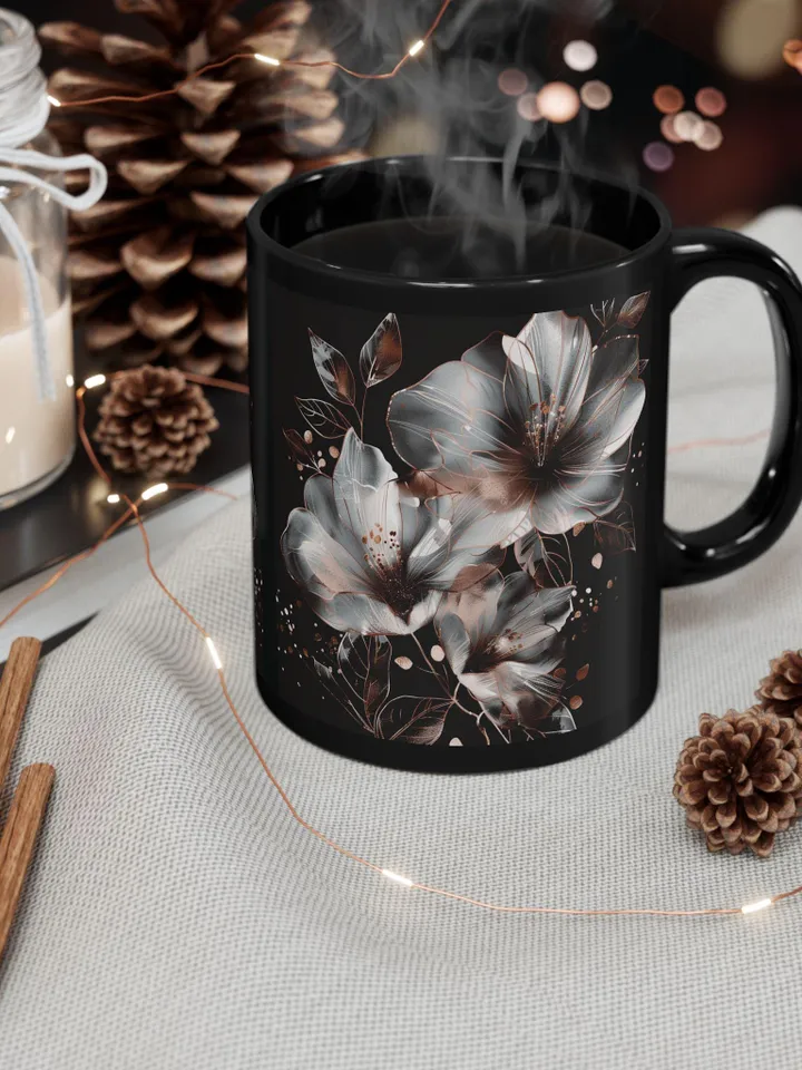 Elegant Floral Mug, Botanical Coffee Cup, Black Ceramic Drinkware, Gift for Gardeners, Mother's Day Present