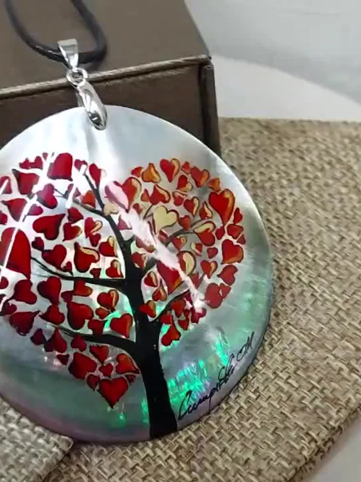 Pearl pendant necklace: Tree of Love with Hearts painted on mother of pearl • charmind Valentine gift • art on jewelry • pendant for dress