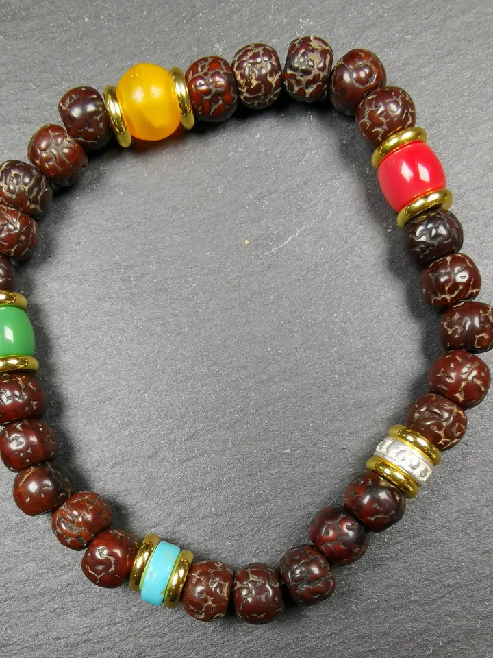 Gandhanra Old Tibetan Mala Bracelet,Unique 5 Colors Handheld Rudraksha Prayer Beads Rosary for Meditation,Circumference18cm, Diameter 8mm