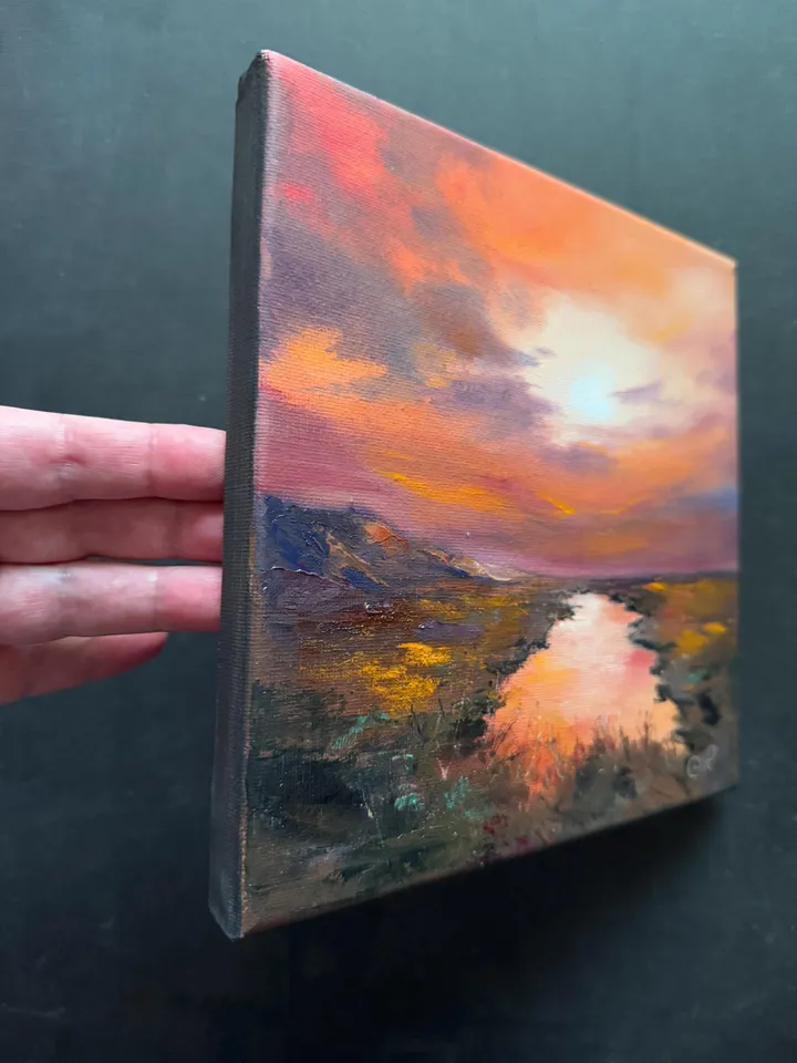 Sunset Oil Painting Rustic Wall Art Field Original Painting