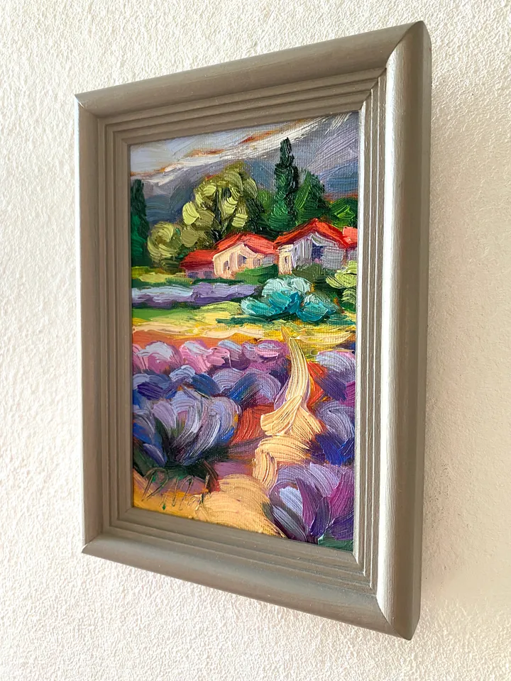 Lavender Fields Painting Tuscany Original Art Landscape Oil Painting Impasto Small Artwork 4x6 Tuscan Serenity Painting Wild Flowers