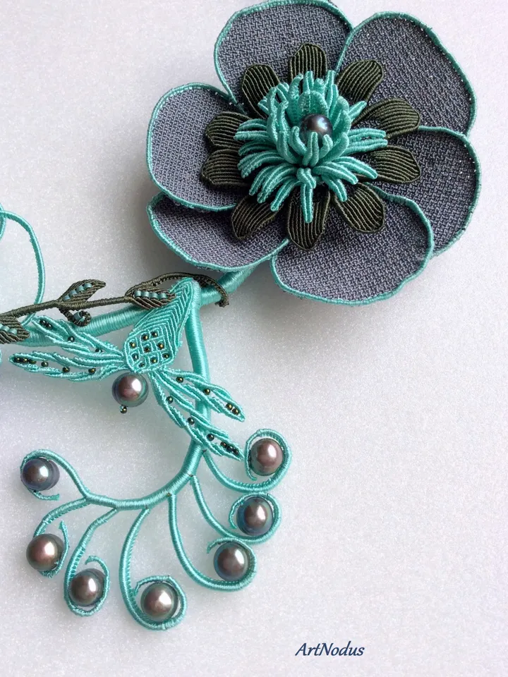 Night Dreams Floral and Dragonfly Asymmetrical Macrame Necklace