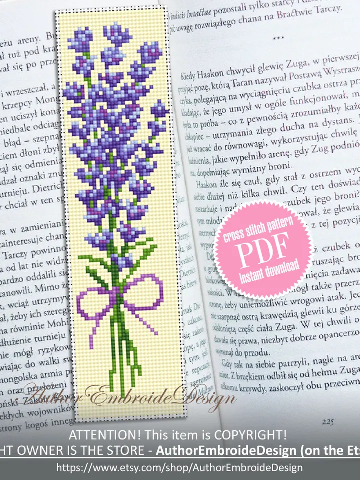 Lavender bookmark cross stitch pattern PDF download Lavender bouquet cross stitch chart, Flower bookmark pattern digital PDF for women #B264