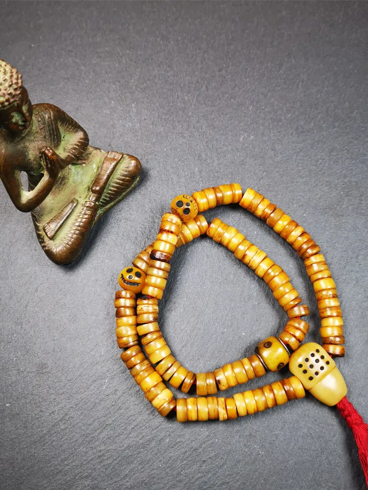 Gandhanra Old Tibetan 108 Yak Bone Mala,Prayer Beads Necklace,Rosary Beads for Meditation,Diameter 0.35", Circumference 16.5"