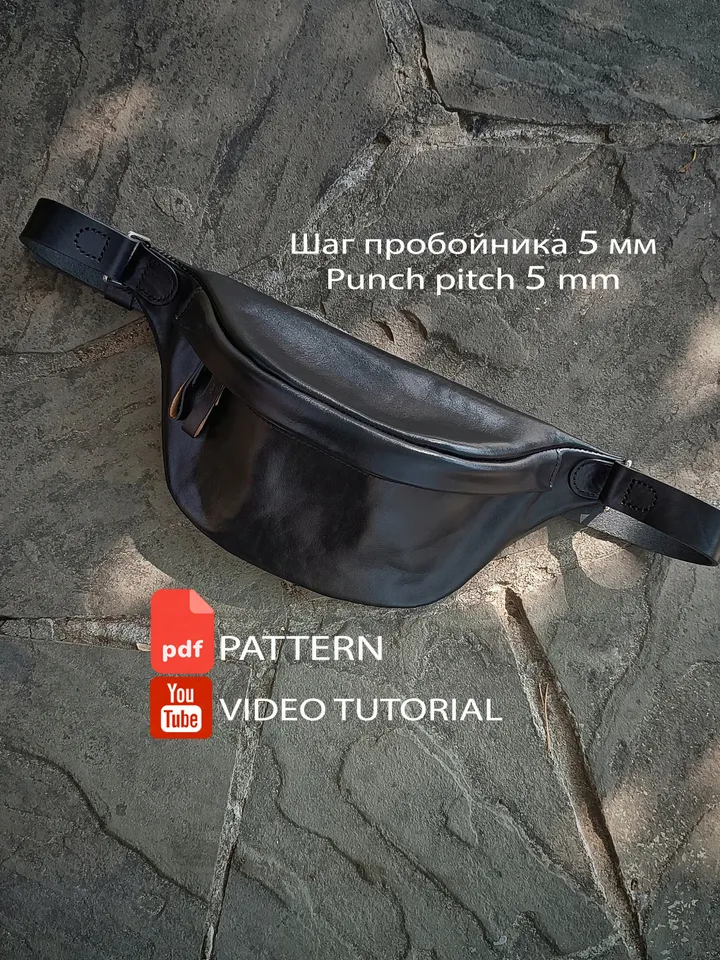 PDF pattern leather waist bag. Leather chest bag. Punch pitch 5 mm. Download PDF and Video TUTORIAL.