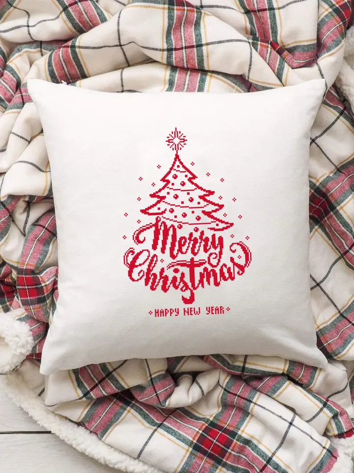 Christmas tree cross stitch pattern download PDF, Merry Christmas pattern digital, Monochrome embroidery beginner, Easy xmas stitch #N74