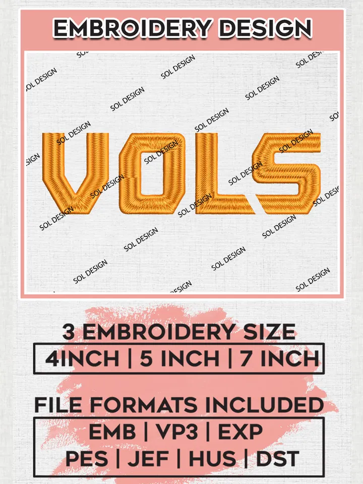 NCAA Vols Team Word Logo Embroidery Design Files, NCAA Tennessee Volunteers Machine Embroidery, NCAA Teams, Game Day, 3 sizes, NCAA Machine embroidery designs, Digital Download