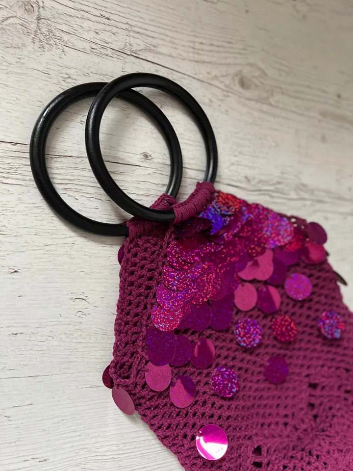 Purple farmer cotton bag with sequins, eco friendly bag, avoska net bag, market vegan bag, tote beach, macrame yoga tote, pound