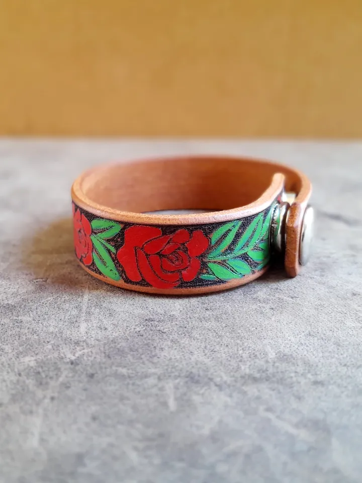 Hand Painted Red Rose Vine Leather Cuff Bracelet, Rose Floral Leather, Personalized Rose Bracelet, Gift for Daughter, Plant Lover Gift Idea