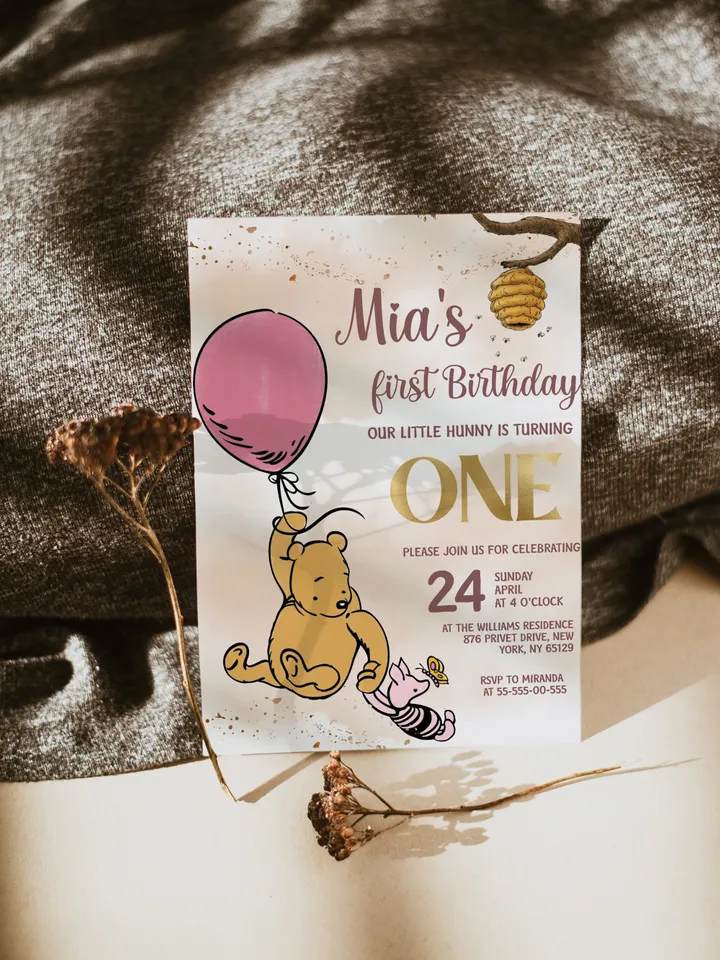 Classic Winnie Pooh Baby Birthday Invitation; Winnie Pooh Baby Birthday ; Pink Baby Birthday; Honey Bear Birthday; Winnie Pooh wp6