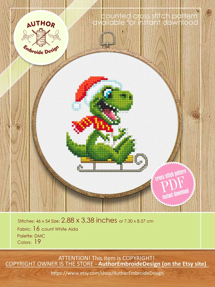 Funny dinosaur christmas cross stitch pattern PDF download, Set of 2 small dinosaur cross stitch chart, Cute dino pattern digital PDF #N116