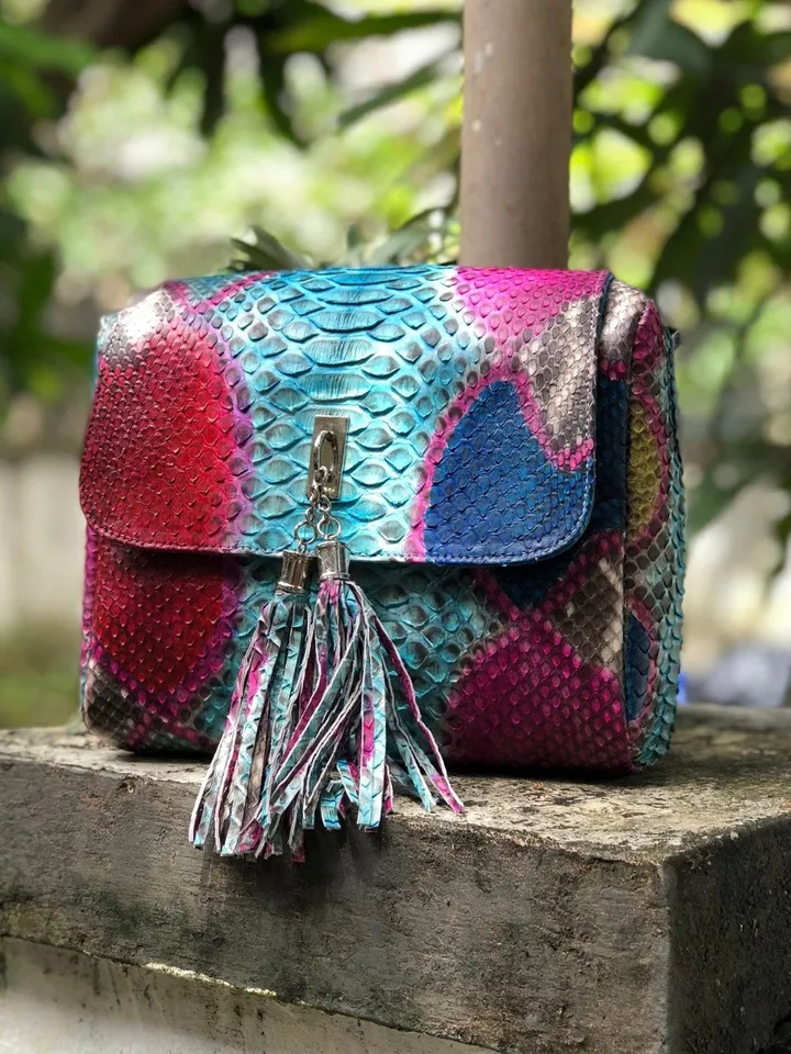 Genuine python skin crossbody multicolor turquise tassel women bag | summer colorful leather bag | python purse | gift for her | blue clutch
