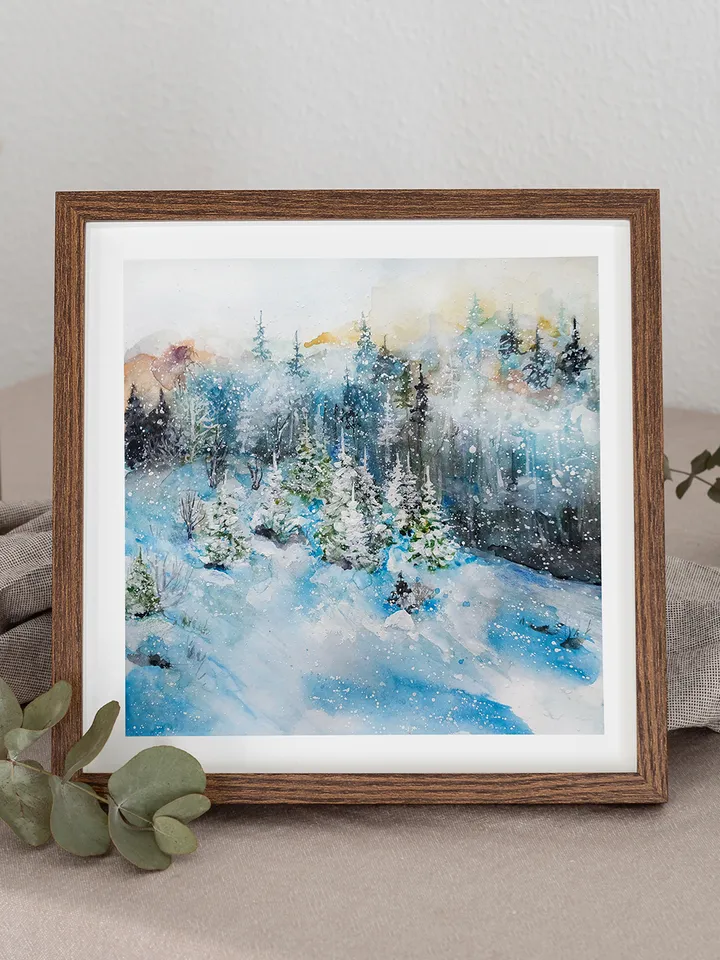 Watercolor painting Snowy Mountains