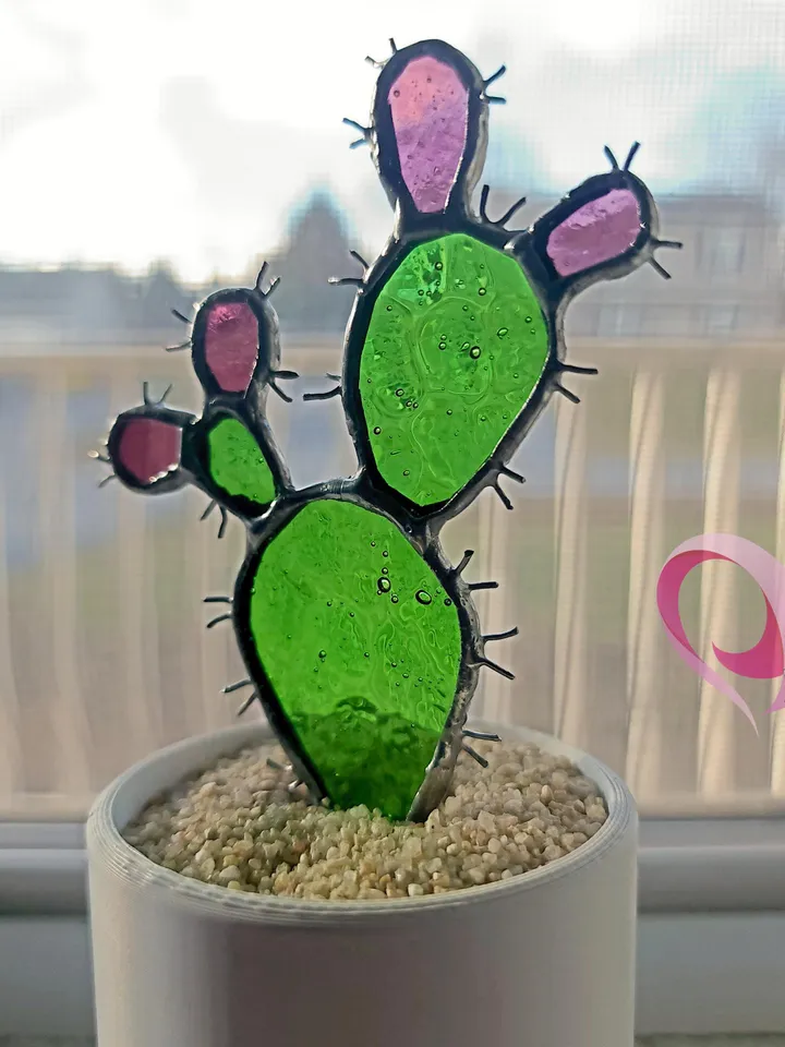 Real Stained Glass Prickly Pear Cactus Suncatcher in Cute Pot for Small Windowsill Paddle Cactus Gift for Plant Lovers No Kill Succulent