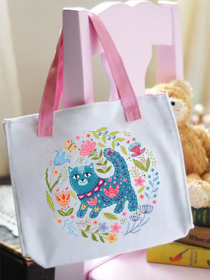 Floral cat cross stitch pattern PDF download Scandinavian folk cross stitch chart, Nordic cross stitch Scandinavian ornament embroidery #K20