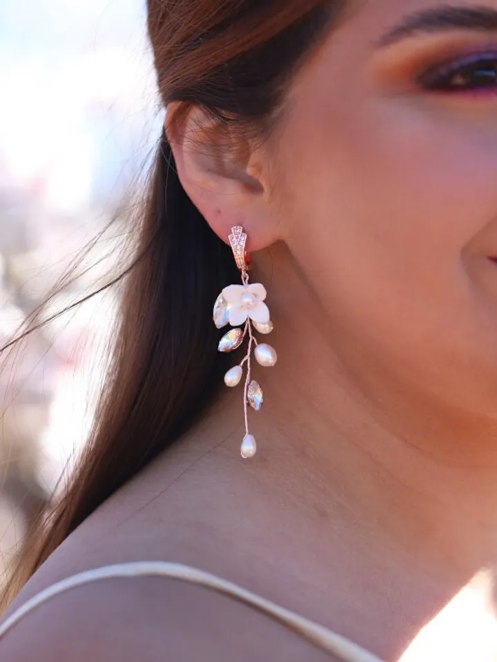Long Boho Wedding Earrings, Delicate Porcelain Flowers Wedding Earrings, Freshwater Pearl Bridal Earrings, Floral Statement Wedding Jewelry