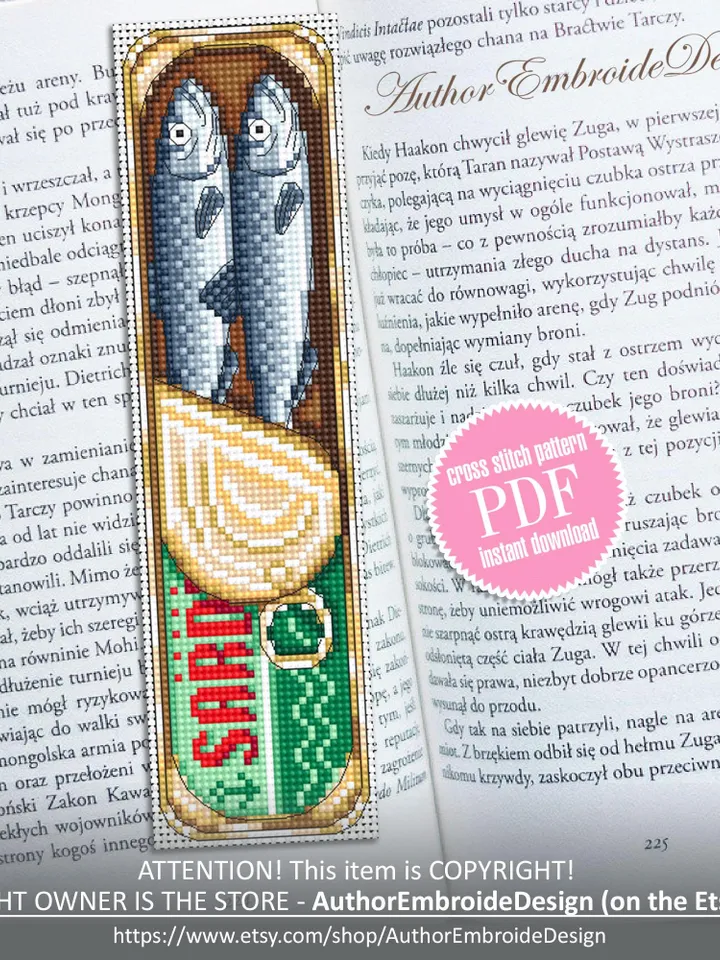 Sardine bookmark cross stitch pattern PDF download Canned sardines cross stitch chart, Funny bookmark pattern digital PDF, Small fish #B437