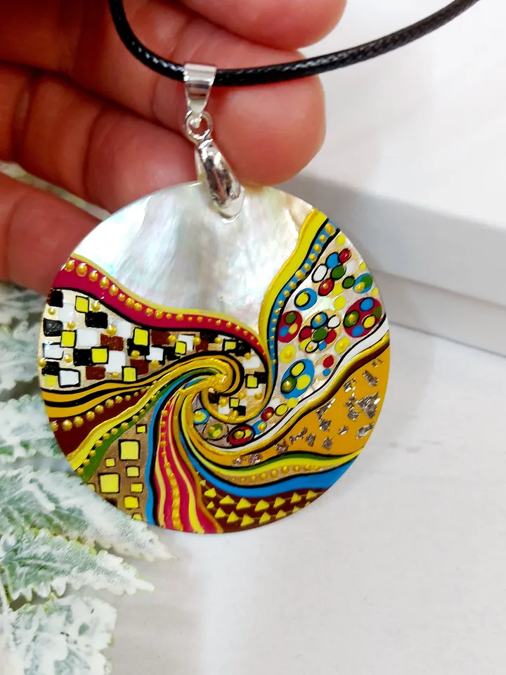 Pearl pendant necklace: Abstract Spiral painting in Klimt style on Graceful Handcrafted Pendant • Delicate handmade jewelry for bright girl