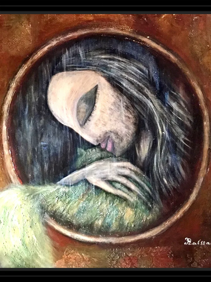 One of a kind painting- fantasy man with a green cat,original acrylic painting.Stretched canvas.