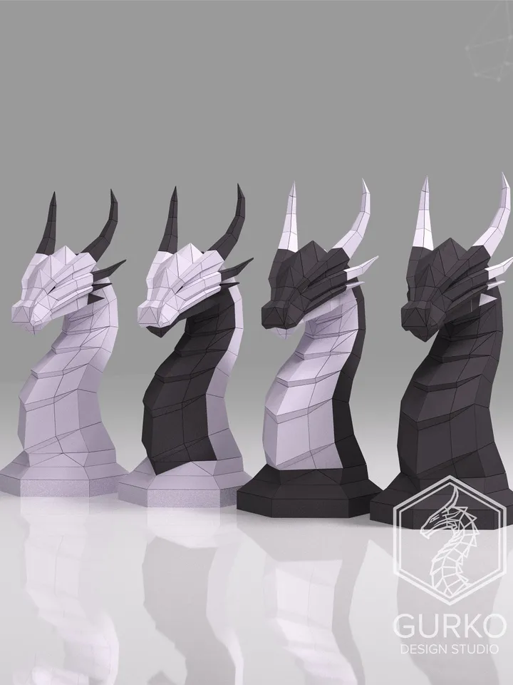 Papercraft Dragon Chess Piece Horse, Digital Template, PDF Download, Gurko, LowPoly, Pepakura, DIY Origami Sculpture, Paper Party Decoration