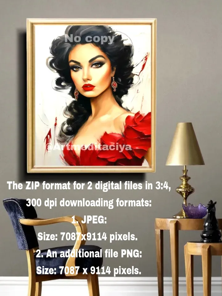 Digital abstract 3d textural painting "Carmen" in impasto style, painted in oil with a palette knife on an abstract white background. This is a concise image of a beautiful charismatic Spanish brunette with expressive brown eyes in a red outfit with earri