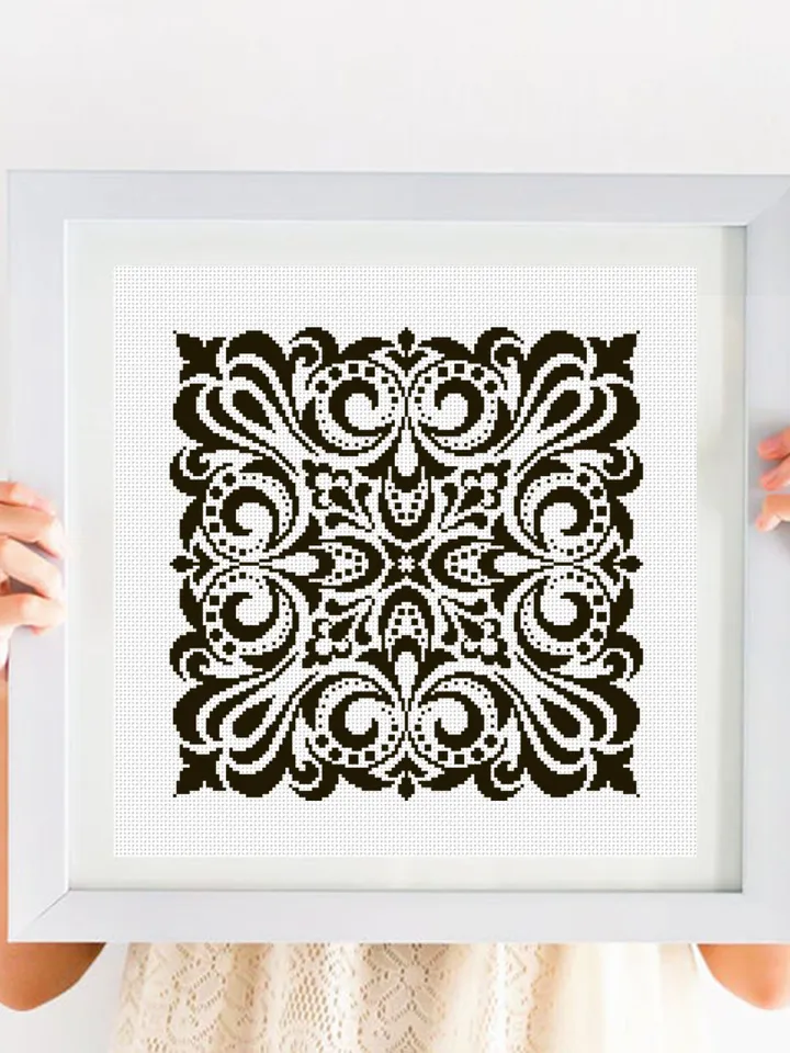 Square mandala cross stitch pattern PDF download Monochrome mandala embroidery PDF, Square ornament pattern for cross stitch pillow #M214