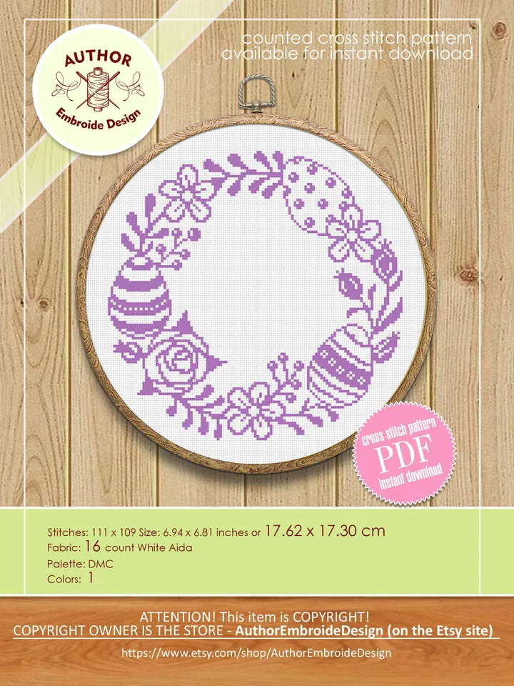 Easter wreath cross stitch pattern download PDF Easter eggs cross stitch chart, Small beginner embroidery PDF, Happy Easter cross stitch #T1