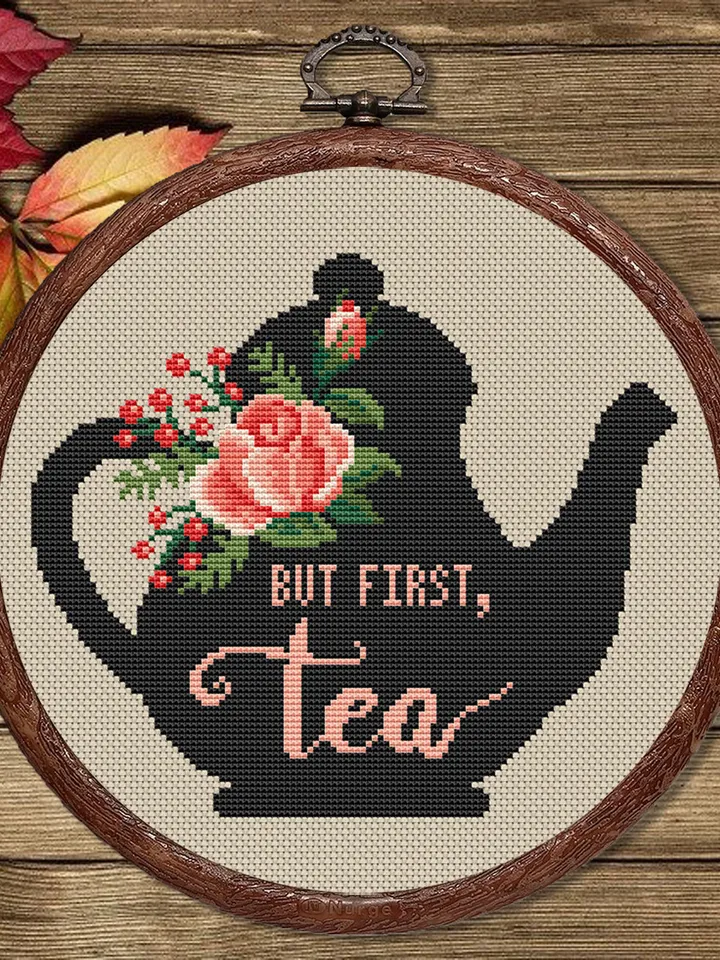 But First Tea Cross Stitch Pattern, Kitchen Cross Stitch, Embroidery Tea, Cup of Tea Cross Stitch Pattern, Modern Cross Stitch #kt002