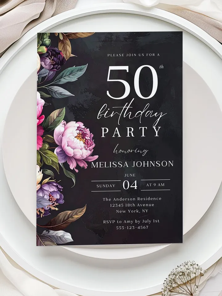 Modern 50th Birthday Canva Template – Moody Burgundy & Blush Peony Floral Invitation, Elegant Dark Background Birthday Party Invite