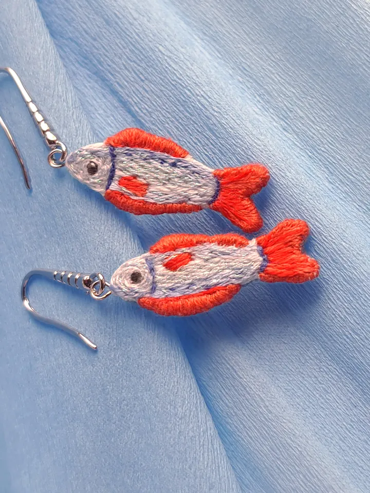 Embroidered Fish Earrings, Handmade Unique Jewelry, Whimsical Handcrafted Gift, Quirky Jewelry Accessory, Original Gift for Her, Boho Design