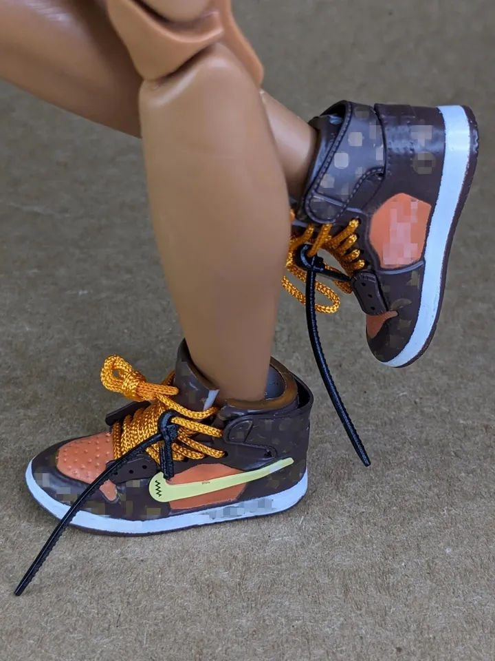 Premium brown & orange sneakers in box for 12 inch male dolls